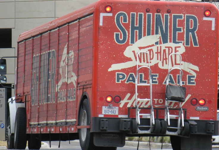 Shiner Beer truck parked at Valero gas station and convenience store, February 4, 2014